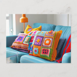 Postal Crocheted Granny Square Pillows Lying on a Sofa