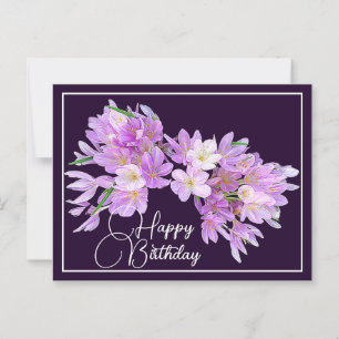 Postal Crocus rosa/morado Fondo morado Feliz Cumpleaños