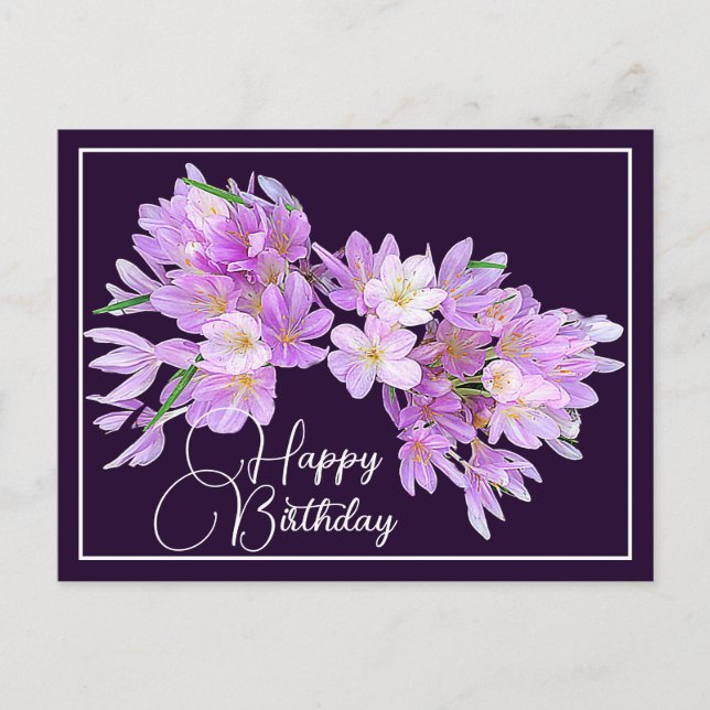 Postal Crocus rosa/morado Fondo morado Feliz Cumpleaños (Anverso)
