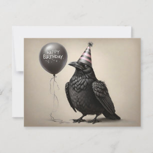 Postal Crow mirando el globo de globo de cumpleaños feliz