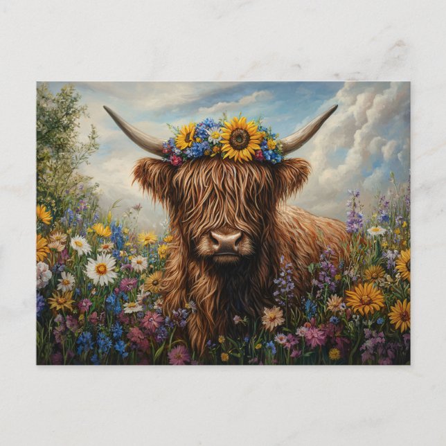 Postal Crown de flores silvestres de vaca Highland (Anverso)