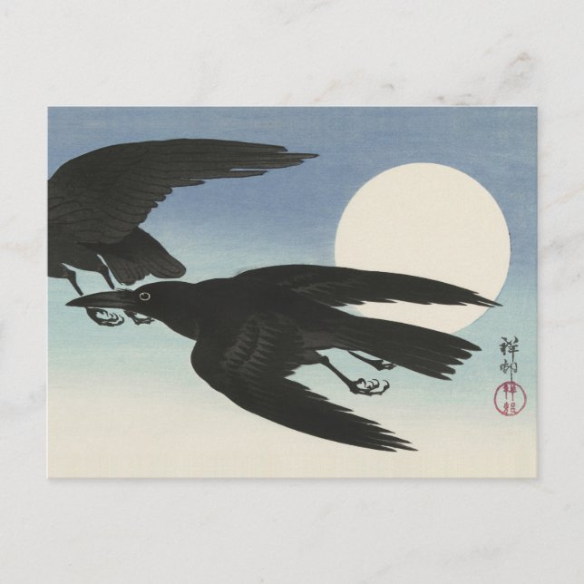 Postal Crows en pintura de luna llena por Ohara Koson (Anverso)
