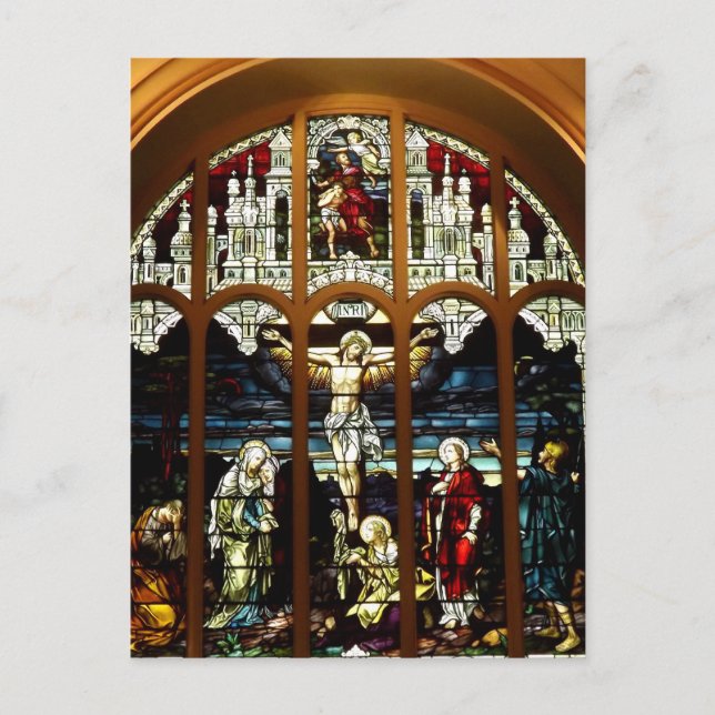Postal Crucifixión de la ventana de vidrio manchado de Je (Anverso)