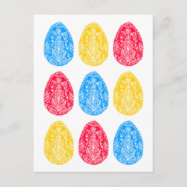 Postal Crudo de huevo de pascua floral azul/rojo/amarillo