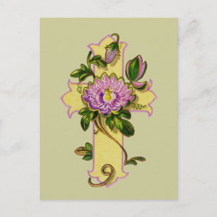 Postal Cruz Amarilla Con Flor Rosa
