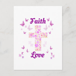 Postal Cruz de Fe y Amor de Rosas con Butterflie Rosa