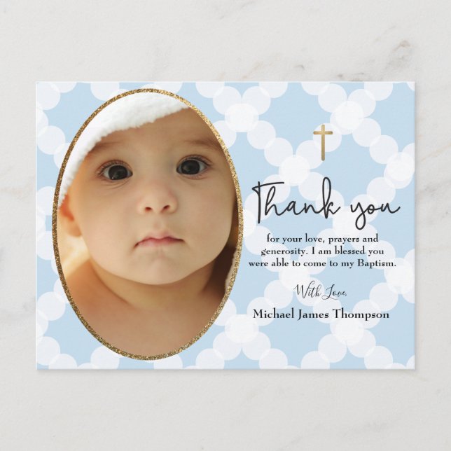 Postal Cruz de Oro Personalizado Azul Bebé Niño Baptismo  (Anverso)