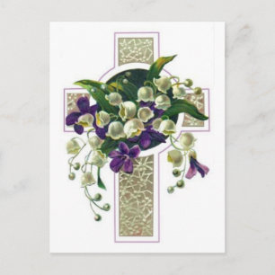 Postal Cruz de plata con flores moradas