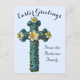 Postal Cruz Floral Azul Vintage Pascua Religiosa
