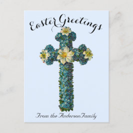 Postal Cruz Floral Azul Vintage Pascua Religiosa