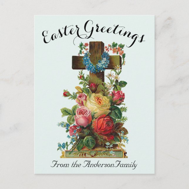 Postal Cruz Floral Azul Vintage Pascua Religiosa (Anverso)