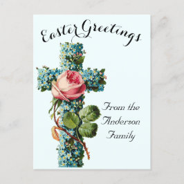 Postal Cruz Floral Azul Vintage Pascua Religiosa