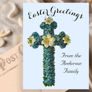 Postal Cruz Floral Azul Vintage Pascua Religiosa
