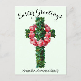 Postal Cruz floral de marfil verde vintage Pascua religio