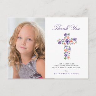 Postal Cruza Floral Púrpura Primero Santa Comunión Gracia