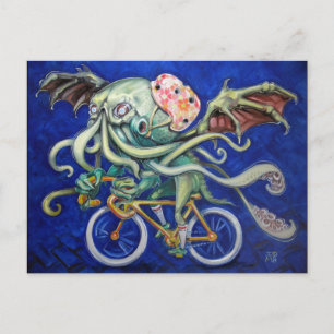 Postal Cthulhu montando una bicicleta