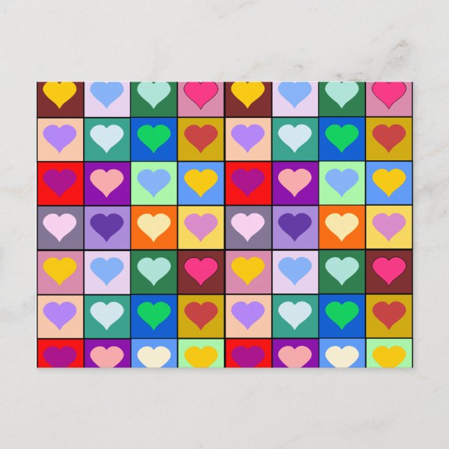 Postal Cuadrados cardíacos arcoiris (Anverso)