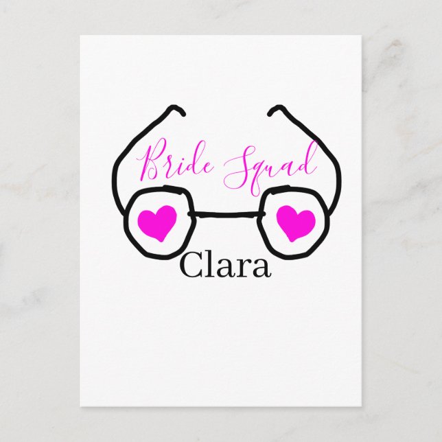 Postal Cuadrilla de novia gafas de corazón rosa y negro n (Anverso)
