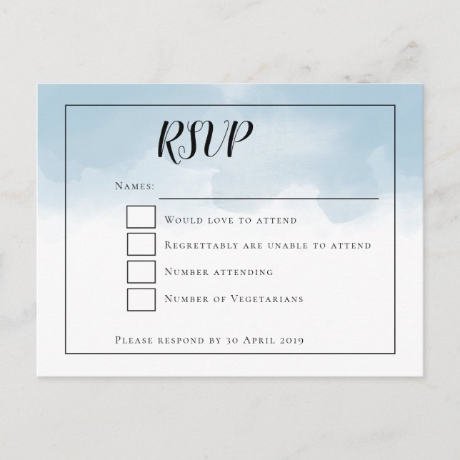 Postal Cuadros de agua azul claro Script Wedding RSVP (Anverso)
