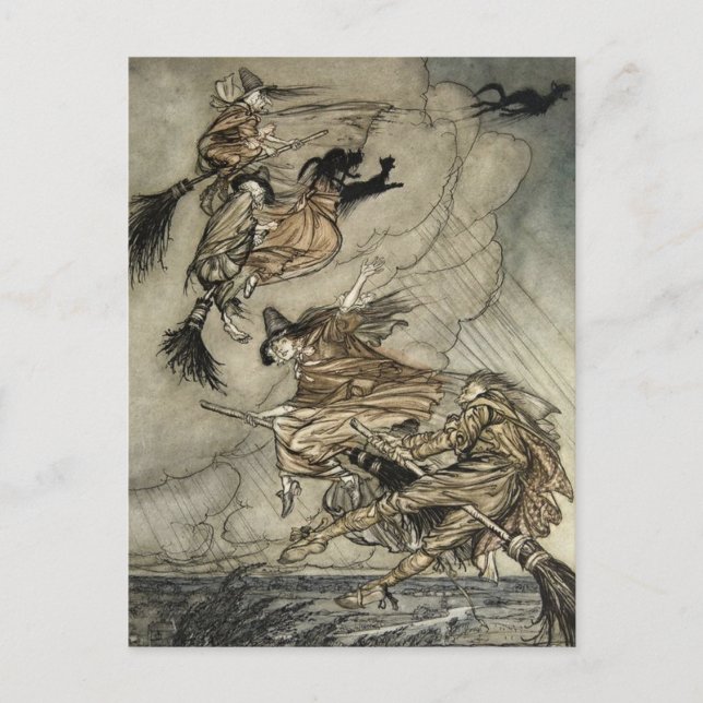 Postal Cuatro Brujas "Por La Chimenea" de Arthur Rackam (Anverso)