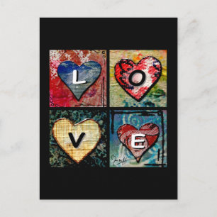 Postal Cuatro corazones en medios mixtos - AMOR