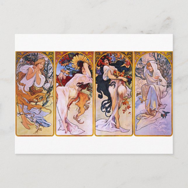 Postal Cuatro estaciones por Alphonse Mucha (Anverso)