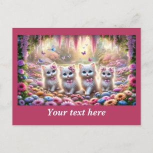 Postal Cuatro gatitos blancos con flores y mariposas 