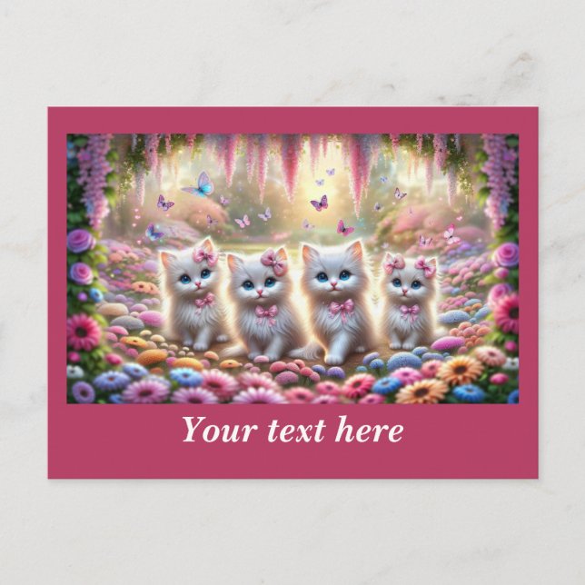 Postal Cuatro gatitos blancos con flores y mariposas  (Anverso)