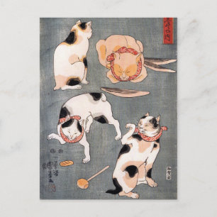 Postal Cuatro gatos en diferentes poses por Utagawa Kuniy