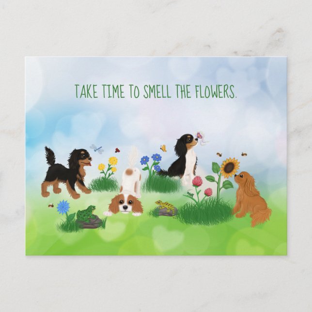 Postal Cuatro grandes españoles en un campo de flores (Anverso)