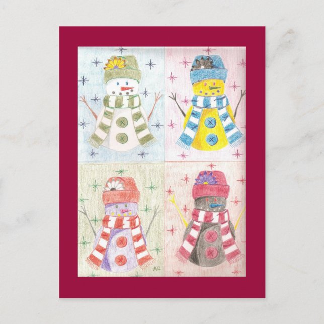Postal Cuatro muñecos de nieve (Anverso)