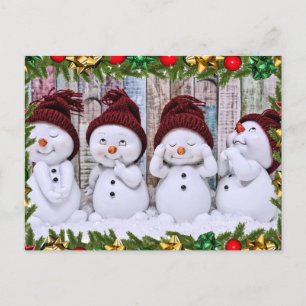 Postal Cuatro muñecos de nieve sonrientes