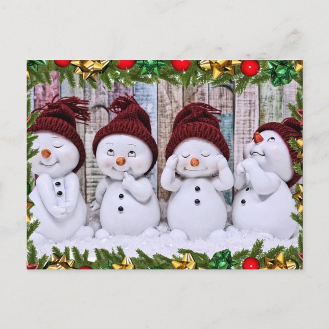Postal Cuatro muñecos de nieve sonrientes (Anverso)