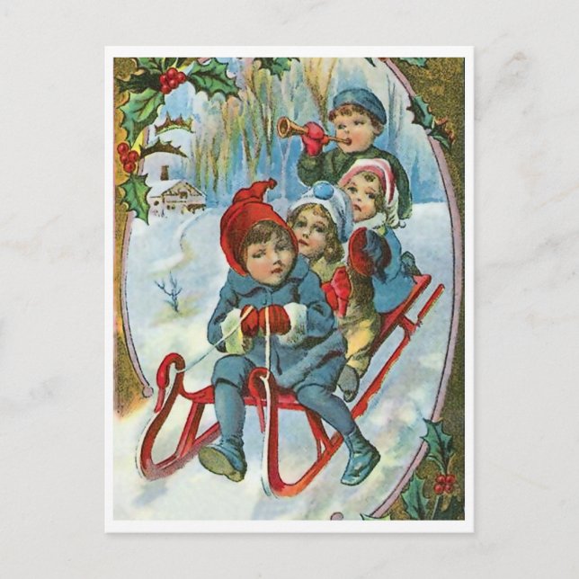Postal Cuatro niños en trineo, invierno, vacaciones vinta (Anverso)