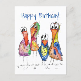 Postal Cuatro pájaros alegres y coloridos