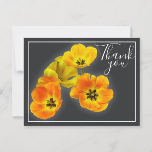 Postal Cuatro Tulipanes Amarillos Naranjas Fondo Gris Gra