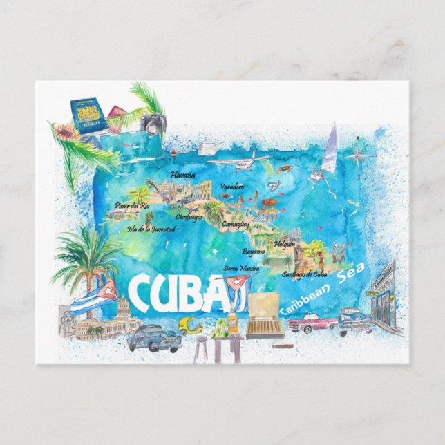 Postal Cuba Antillas Ilustran mapa de viajes con carreter (Anverso)