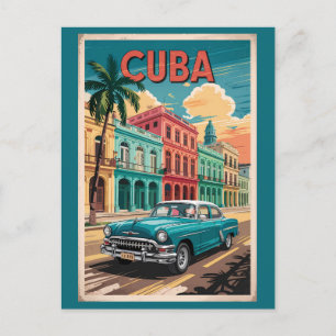 Postal Cuba Classic Car Ilustracion Viaje Arte Vintage