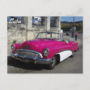 Postal Cuba: El auto clásico rosado