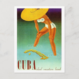 Postal Cuba, Isla, chica en bikini con sombrero amarillo 