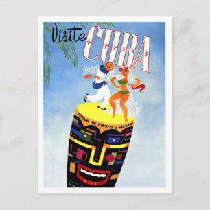 Postal Cuba, pareja bailando en tambor, viaje vintage