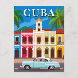 Postal Cuba: Un auto clásico retro y la colorida Habana v
