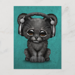Postal Cubo de pantera negra lindo Dj con audífonos azul