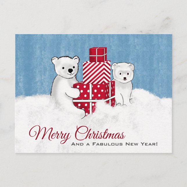 Postal Cubos Polares De Oso Con Regalos De Navidades Rojo (Anverso)