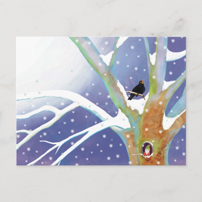 Postal Cuento de hadas de invierno - Mirlo cantando y un  (Anverso)