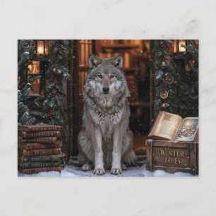 Postal Cuentos de Invierno: Lobo Majestuoso con Libros de
