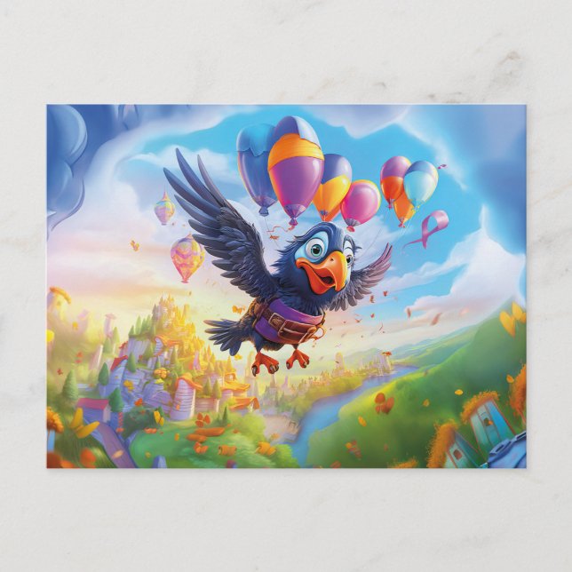 Postal Cuervo de cumpleaños con globos y castillo de fant (Anverso)