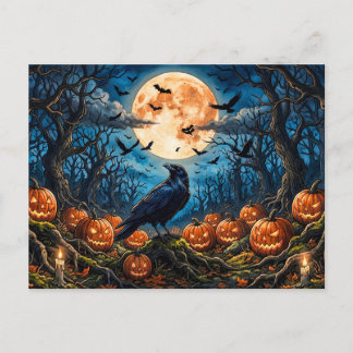 Postal Cuervo de Halloween, calabazas y luna llena