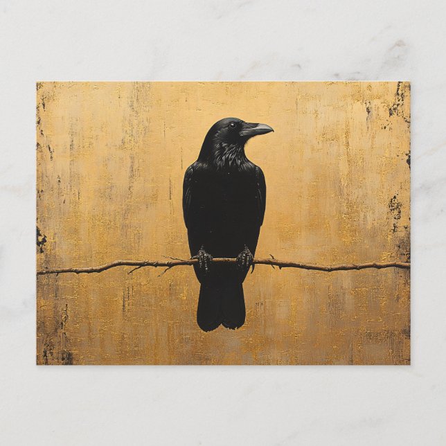 Postal Cuervo en una rama con fondo dorado (Anverso)