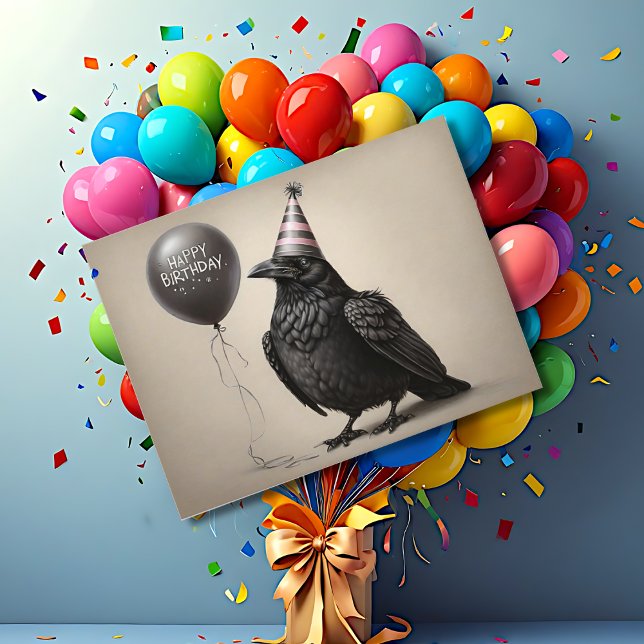 Postal Cuervo mirando globo de cumpleaños feliz carboncil (Subido por el creador)